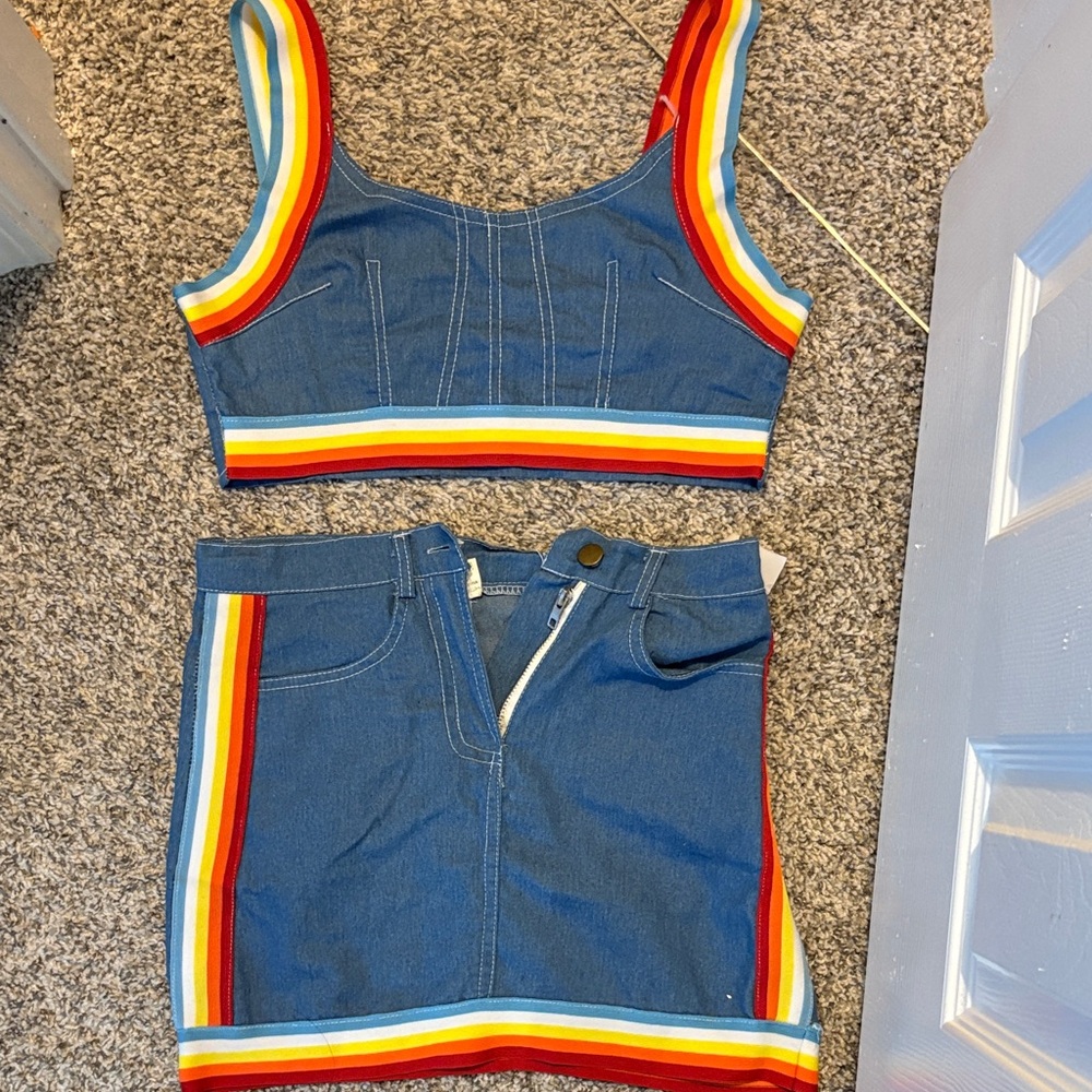 Colorful Denim Crop Top and Skirt Set